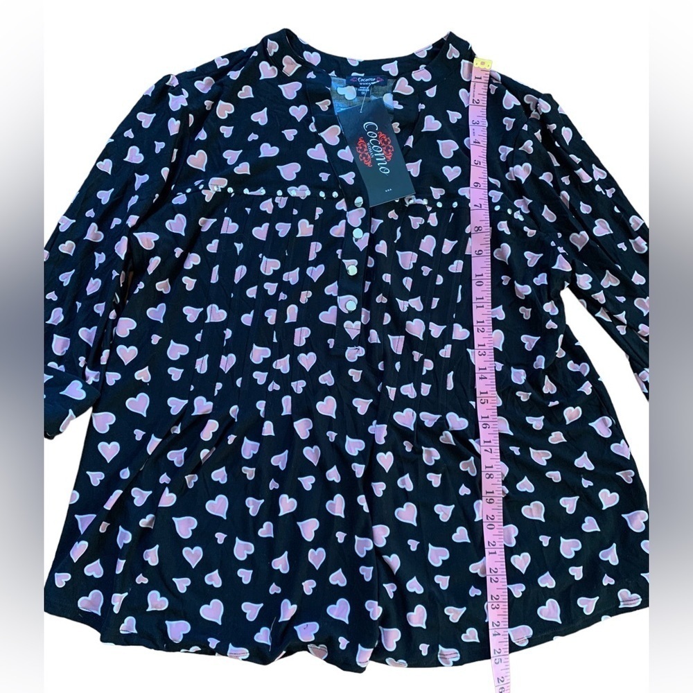 COCOMO 1X Black Pink hearts Plus Size 3/4 sleeve women’s Pintuck tunic blouse - Picture 11 of 13
